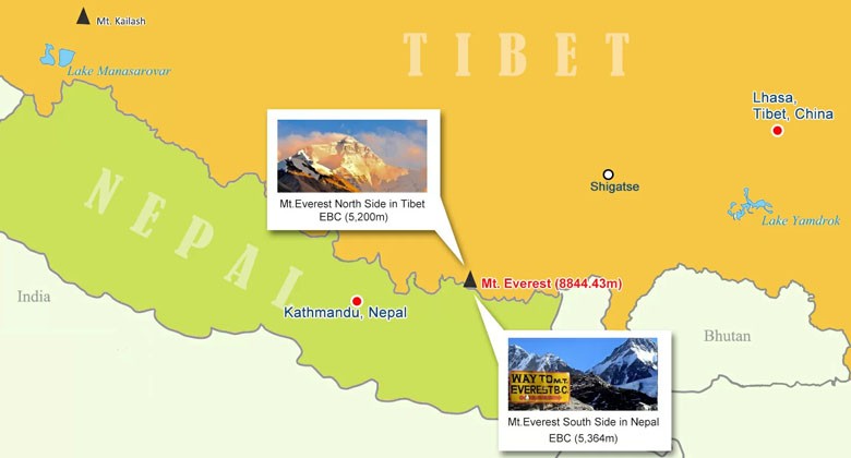 Karte des Mount Everest in Nepal und Tibet