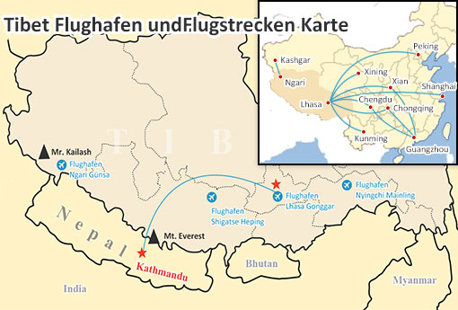 Tibet Flughafen und Flugstrecken Karte