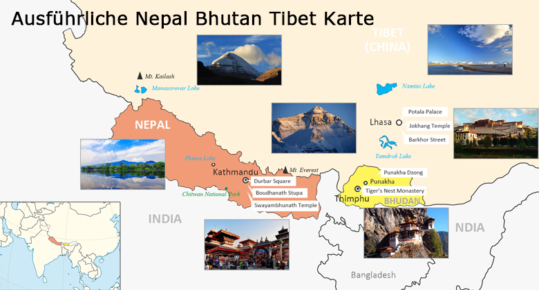 Karte von Tibet Nepal Bhutan Touristenattraktionen