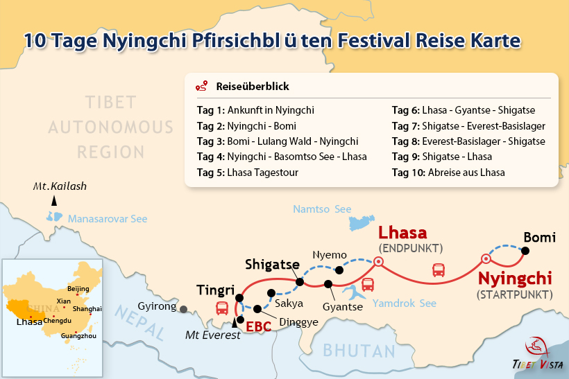 10 Tage Nyingchi Pfirsichblüten Festival Reise Karte