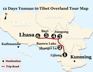 12 Days Yunnan to Tibet Overland Tour Map 