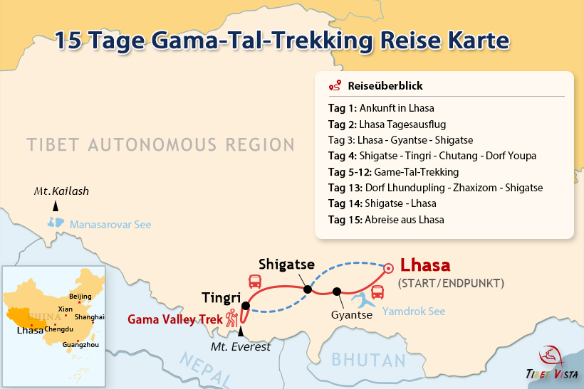 15 Tage Gama Tal Trekking Reise Karte