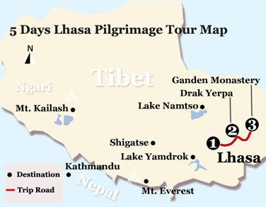 5 Days Lhasa Pilgrimage Tour Map