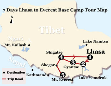 7 Days Lhasa to Everest Base Camp Tour Map