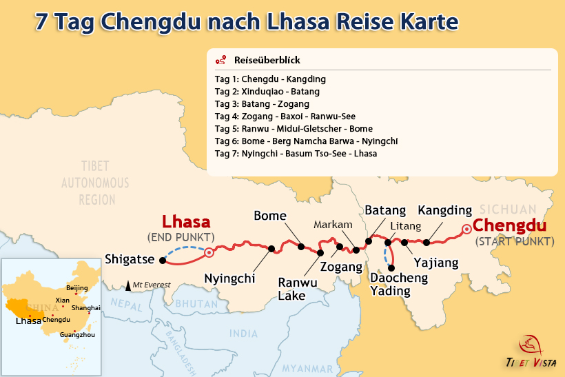 7 Tage Chengdu nach Lhasa Reise Karte