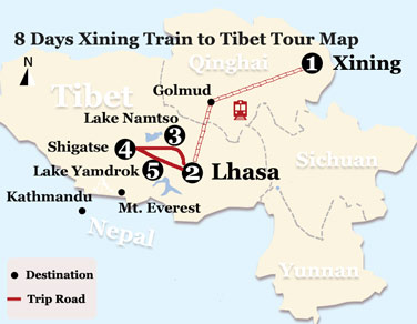 8 Days Xining Train to Tibet Tour Map